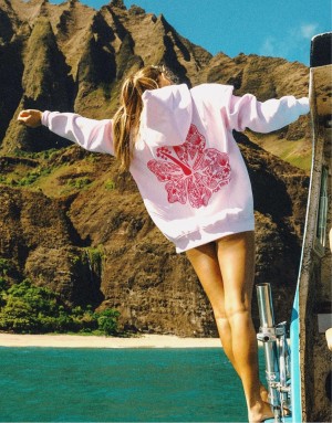 Beige Pink Palm Puff Hawaii Hibiscus Hoodie | US-DLSFK3849