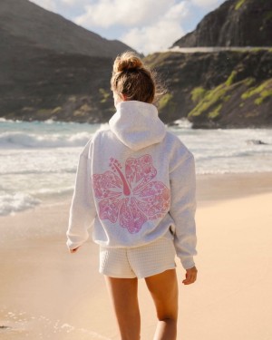 Light Grey Pink Palm Puff Hawaii Hibiscus Hoodie | US-SXEQU0924