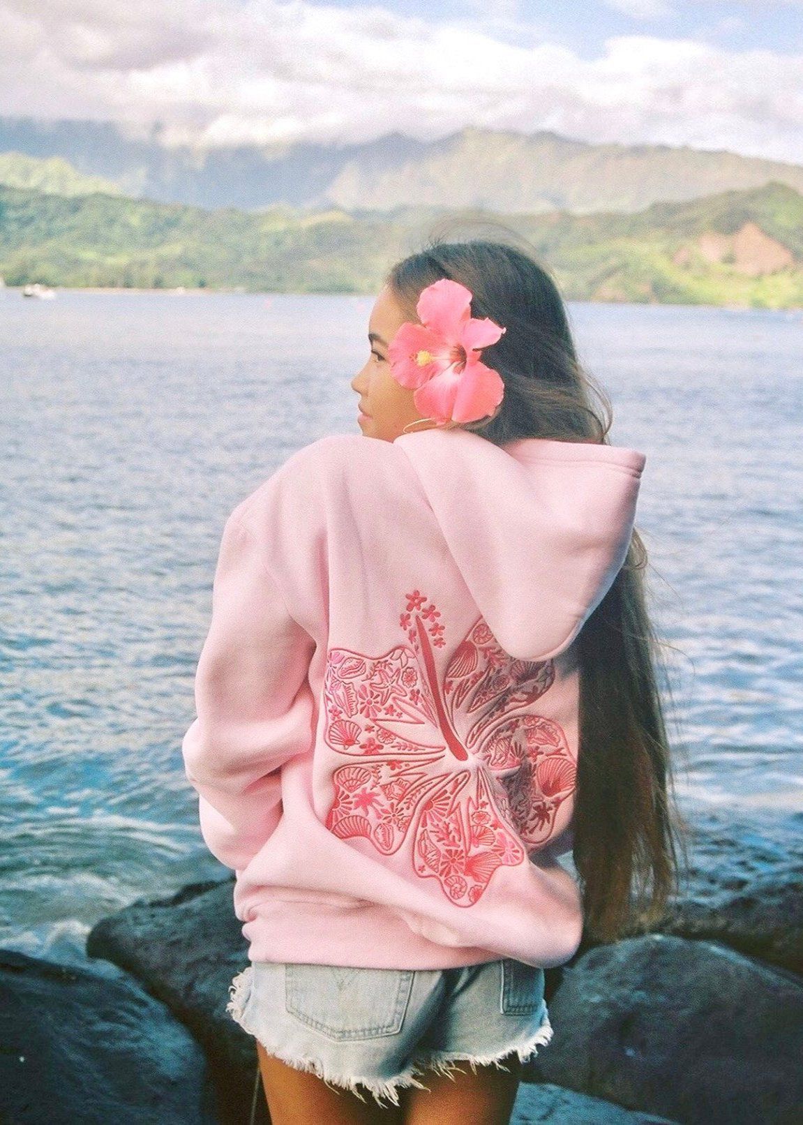 Beige Pink Palm Puff Hawaii Hibiscus Hoodie | US-DLSFK3849