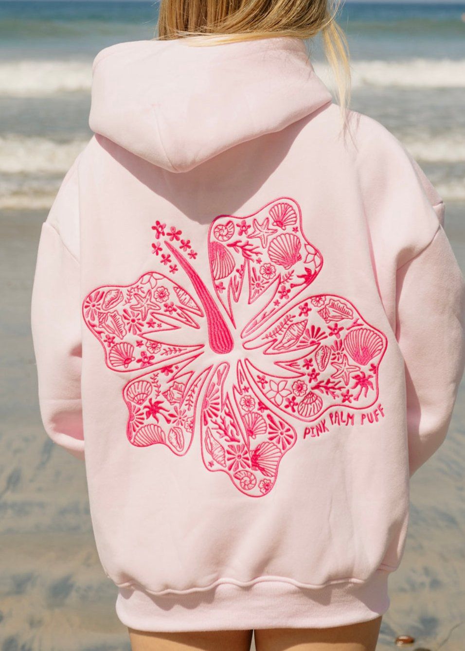 Beige Pink Palm Puff Hawaii Hibiscus Hoodie | US-DLSFK3849