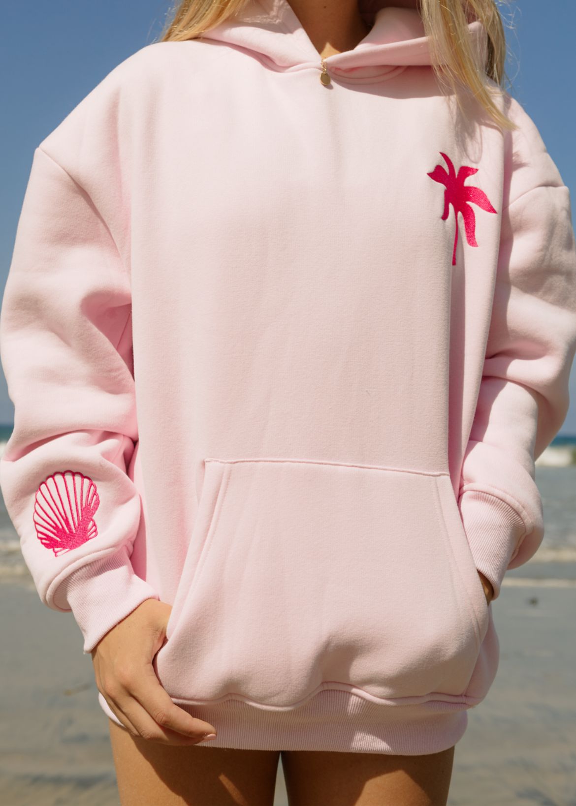 Beige Pink Palm Puff Hawaii Hibiscus Hoodie | US-DLSFK3849