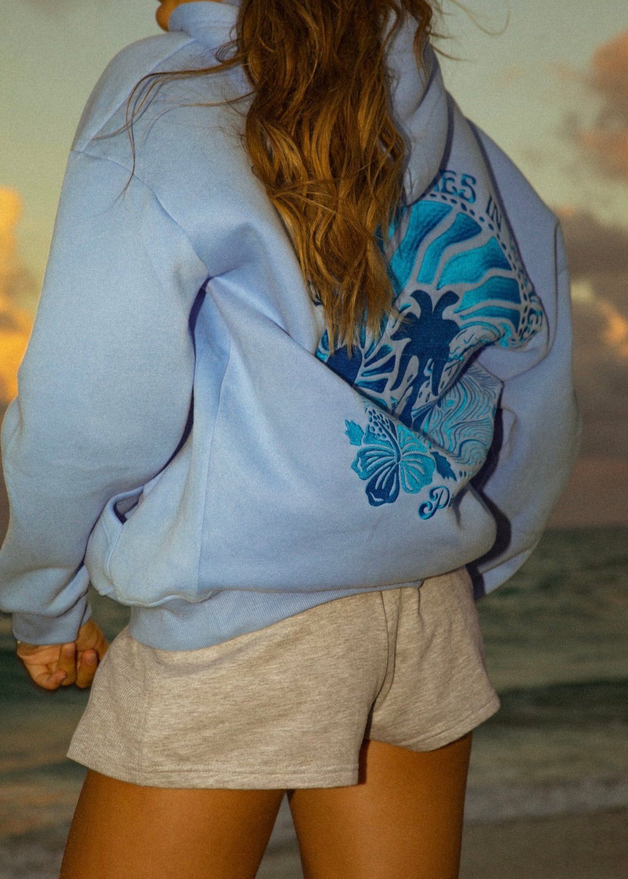 Blue Pink Palm Puff Everything Comes in Waves Hoodie | US-PYIEF2603