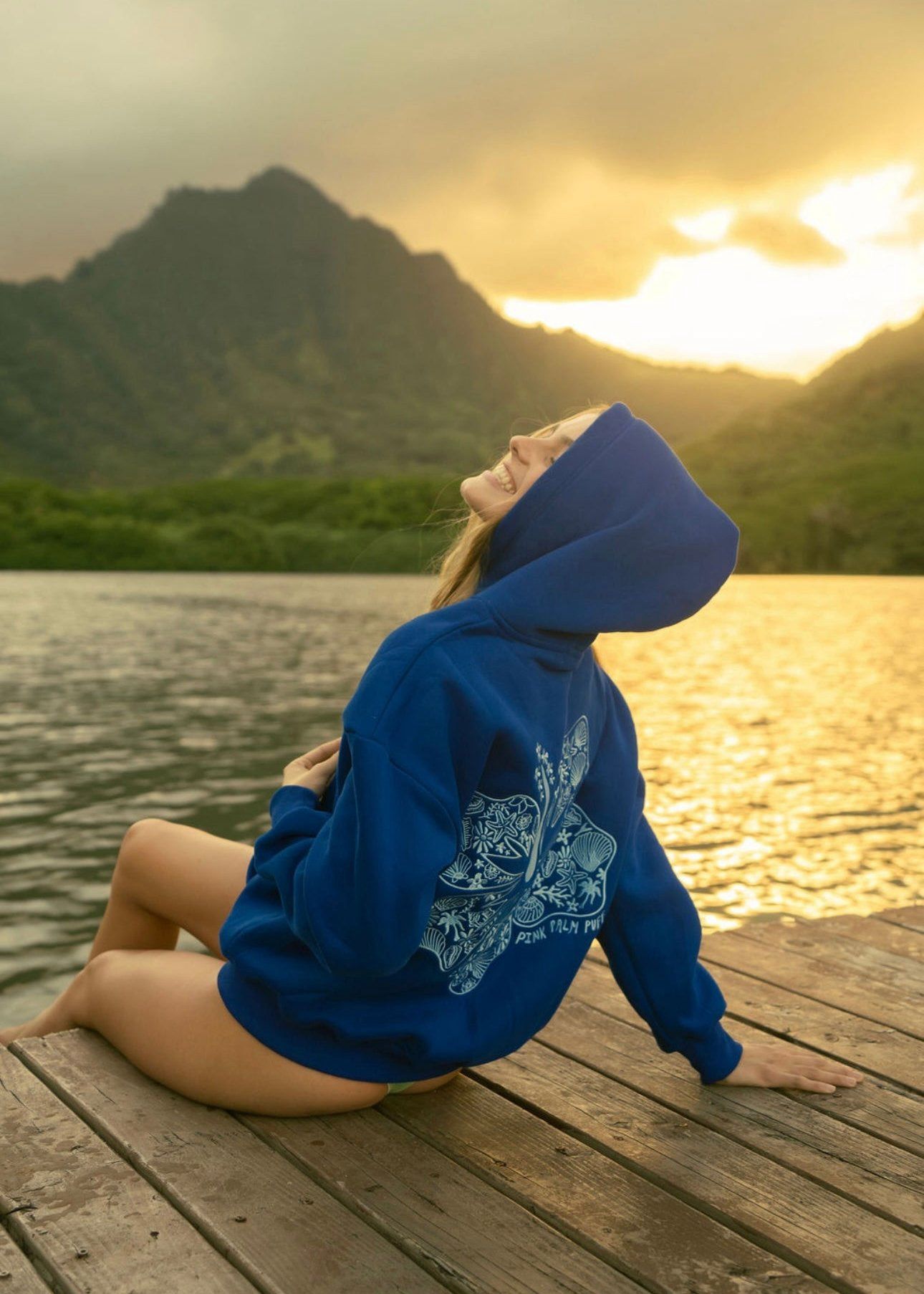 Dark Blue Pink Palm Puff Hawaii Hibiscus Hoodie | US-ZHVBP0359