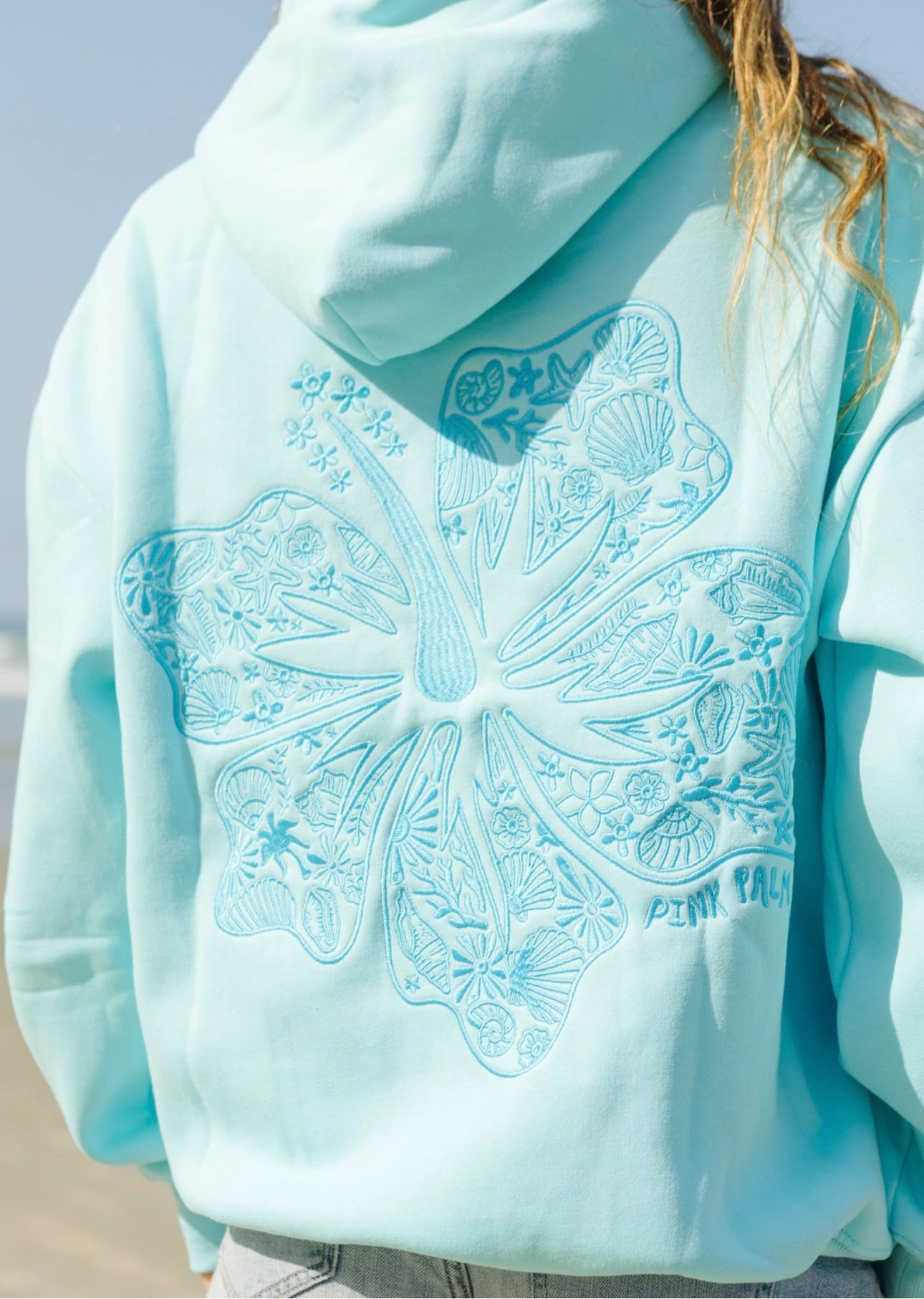 Light Blue Pink Palm Puff Hawaii Hibiscus Hoodie | US-EYQXJ3104