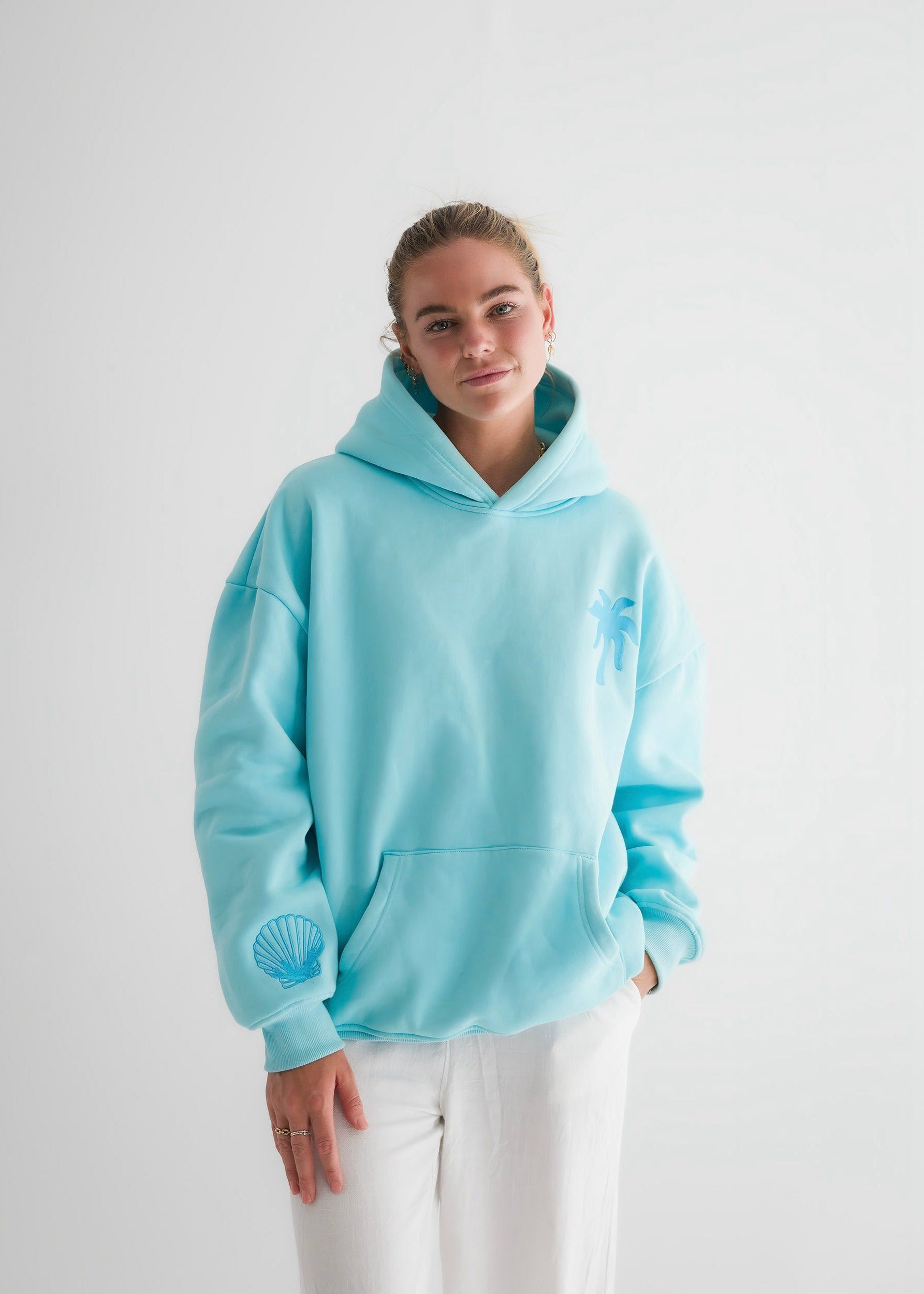 Light Blue Pink Palm Puff Hawaii Hibiscus Hoodie | US-EYQXJ3104