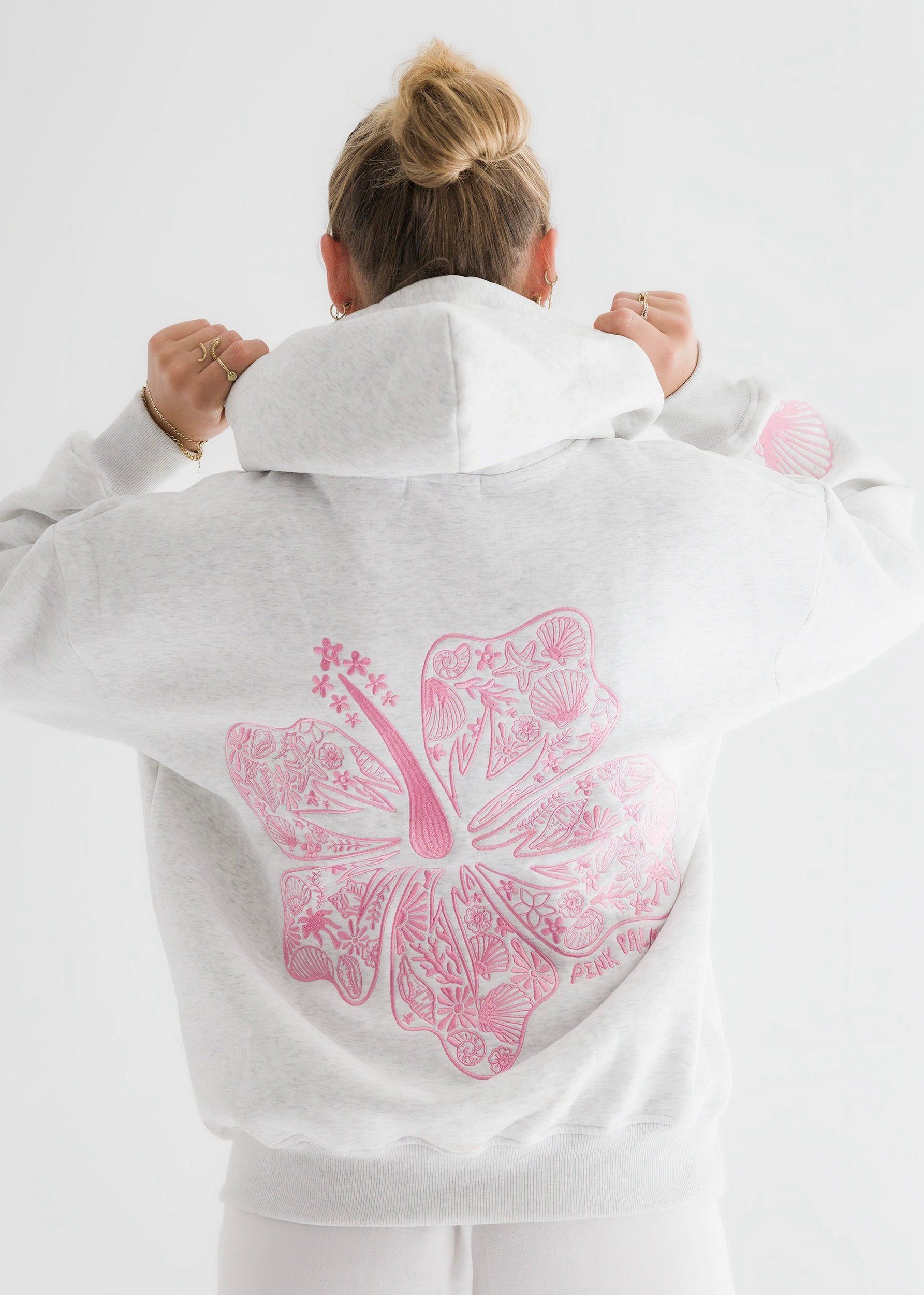 Light Grey Pink Palm Puff Hawaii Hibiscus Hoodie | US-SXEQU0924