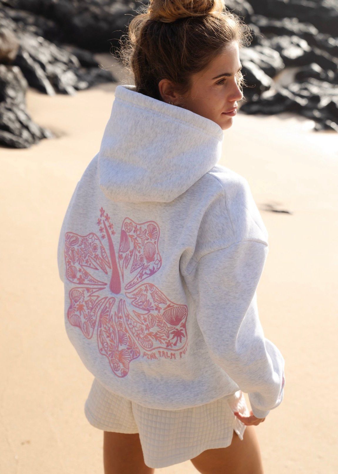 Light Grey Pink Palm Puff Hawaii Hibiscus Hoodie | US-SXEQU0924