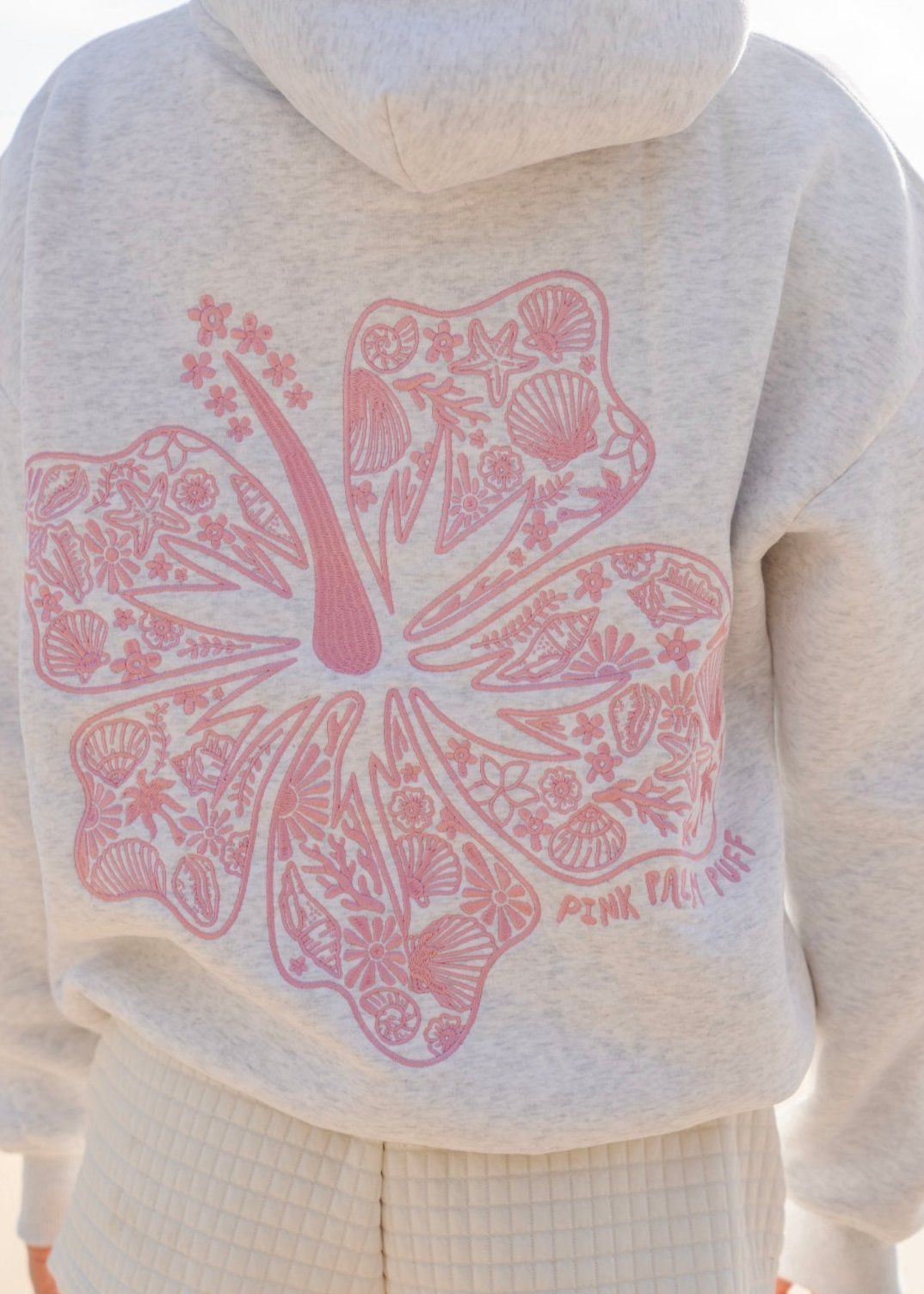 Light Grey Pink Palm Puff Hawaii Hibiscus Hoodie | US-SXEQU0924